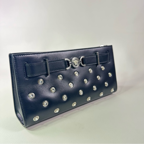 NEW! Versace Crystal Medusa 95 Studded Clutch Black Lamb Leather - Picture 2 of 12